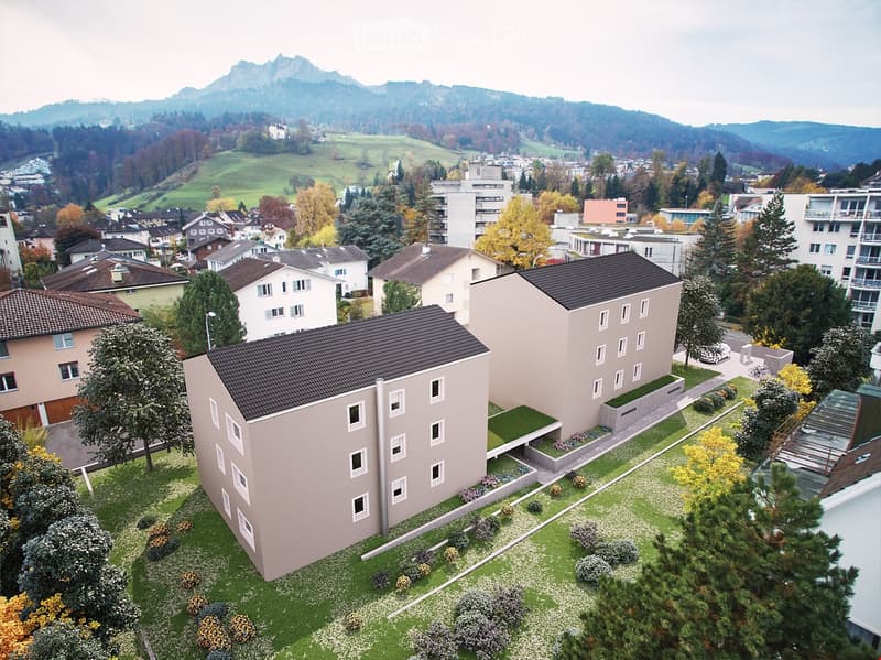 2-story multi-family house with black roofs, surrounded by landscaped garden with trees and flowers