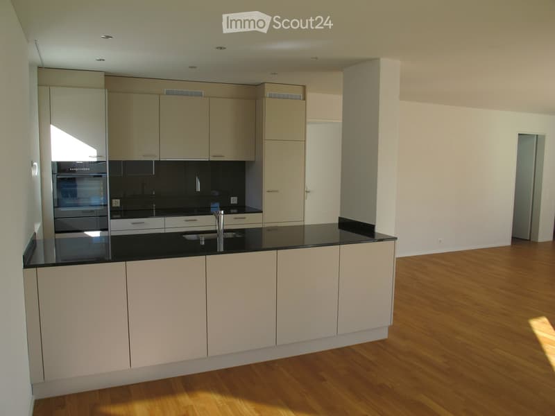 Modern open-plan kitchen with wooden floors, white cabinets, black granite countertop, stainless steel sink, and built-in ovens.