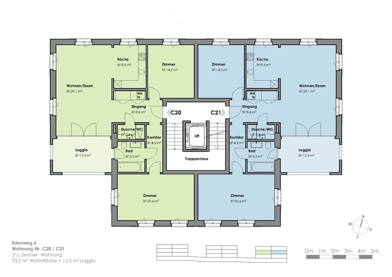 Floor plan of a 3.5-room apartment with two bedrooms, two bathrooms, kitchen, living/dining area, entrance, hallway, staircase, and two loggias.