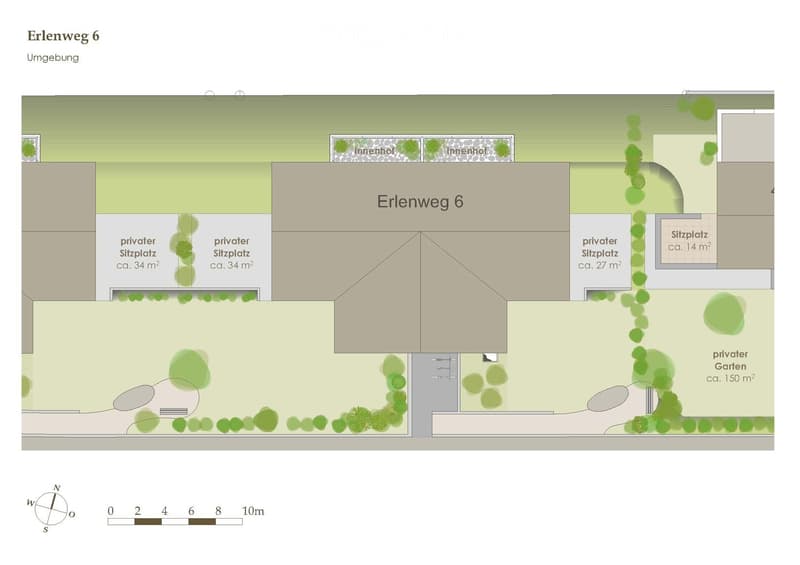 Floor plan of Erlenweg 6 showing private seating areas, a private garden, and surrounding greenery.