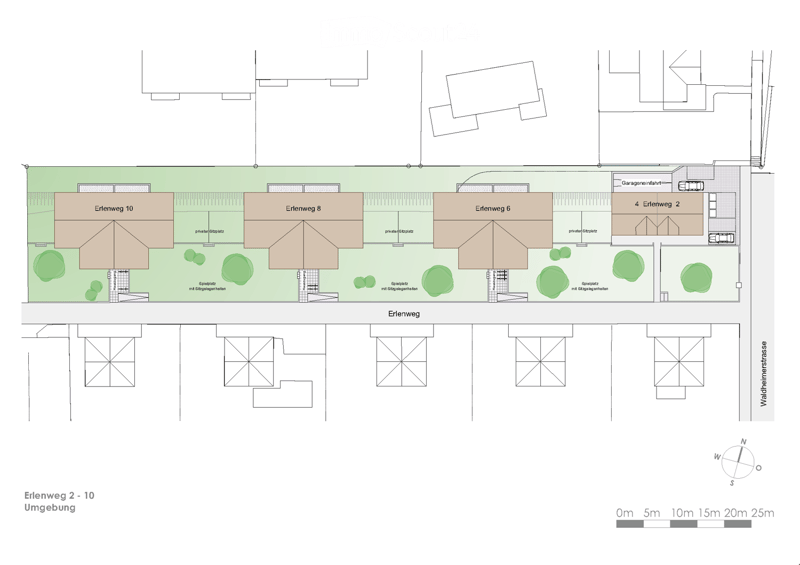 Floor plan of a residential area showing multiple houses labeled Erlenweg 2 to 10, private parking spaces, and green spaces.