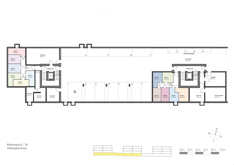 Floor plan of a basement level showing multiple rooms including storage areas, technical rooms, and parking spaces. Includes labeled rooms such as 'Keller' (basement), 'Technikzentrale' (technical center), and 'Velorraum' (velor room).