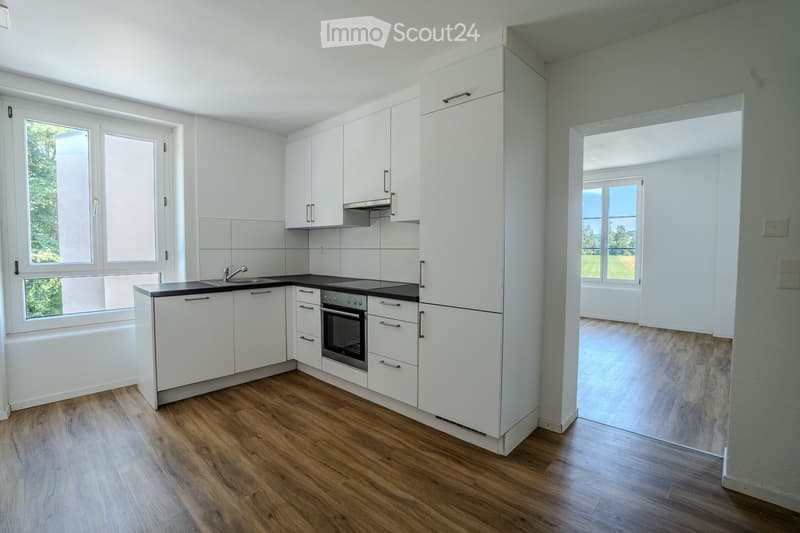Modern kitchen with white cabinets, wooden flooring, and large windows offering a view of greenery. Features include a sink, faucet, and oven.