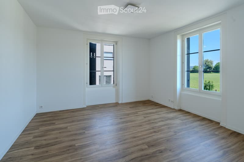Empty room with white walls, wooden flooring, and large windows offering a view of a green field.