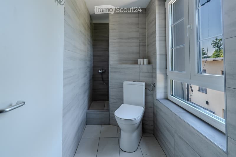 Modern bathroom with a toilet, a glass-enclosed shower, and a large window offering a view of greenery outside.