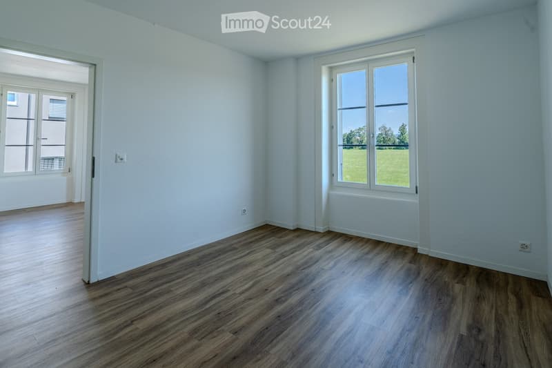 Empty room with light blue walls, wooden flooring, and large windows offering a view of a green field.
