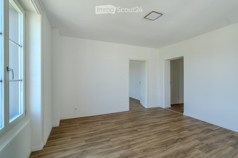 Empty room with white walls, wooden flooring, and large windows. No furniture or equipment present.