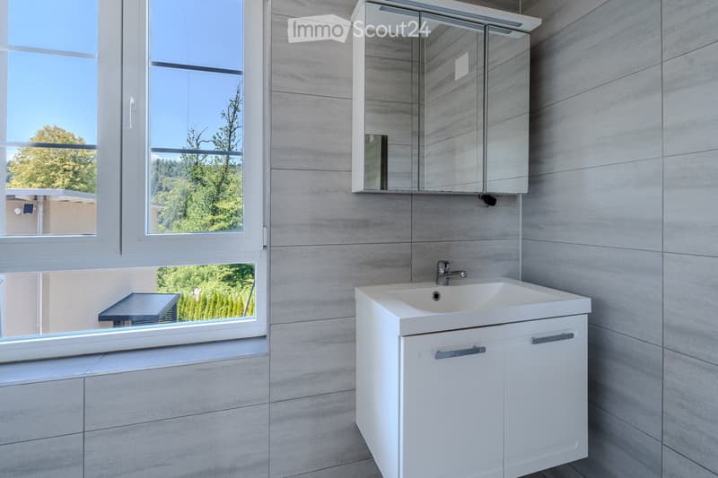 Modern bathroom with a white sink, mirrored cabinet, and large windows offering a view of greenery.