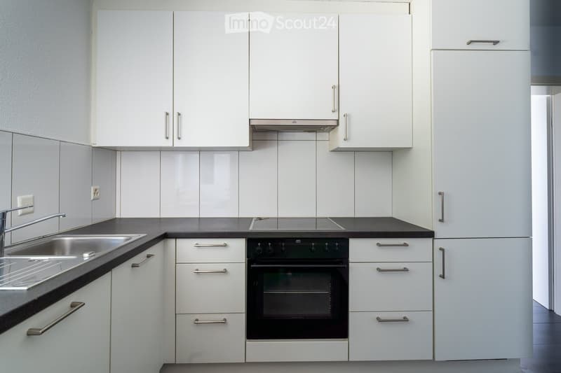Modern kitchen with white cabinets, stainless steel sink, and built-in oven. Features sleek design with metallic handles and a clean, minimalist aesthetic.