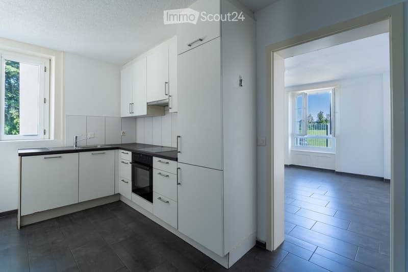 Modern kitchen with white cabinets, dark countertops, and a sink. An open doorway leads to a bright living area with large windows and a view of greenery.