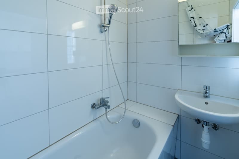 Modern bathroom with white tiled walls, a bathtub with a handheld shower, a sink, and a mirror with a shelf above it.
