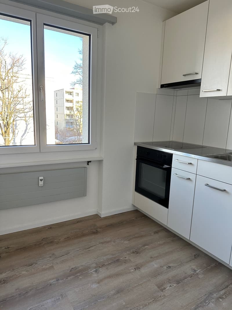 Modern kitchen with white cabinets, an oven, and wooden flooring, featuring large windows with a view of the city.