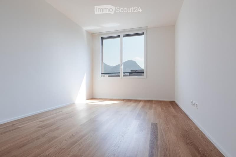 Empty room with light wooden flooring and white walls, featuring a large window with a scenic mountain view.