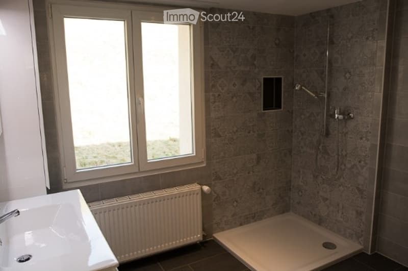 Modern bathroom with a white sink, radiator, and a shower stall. The walls are tiled in a dark, textured pattern, and there is a large window providing natural light.