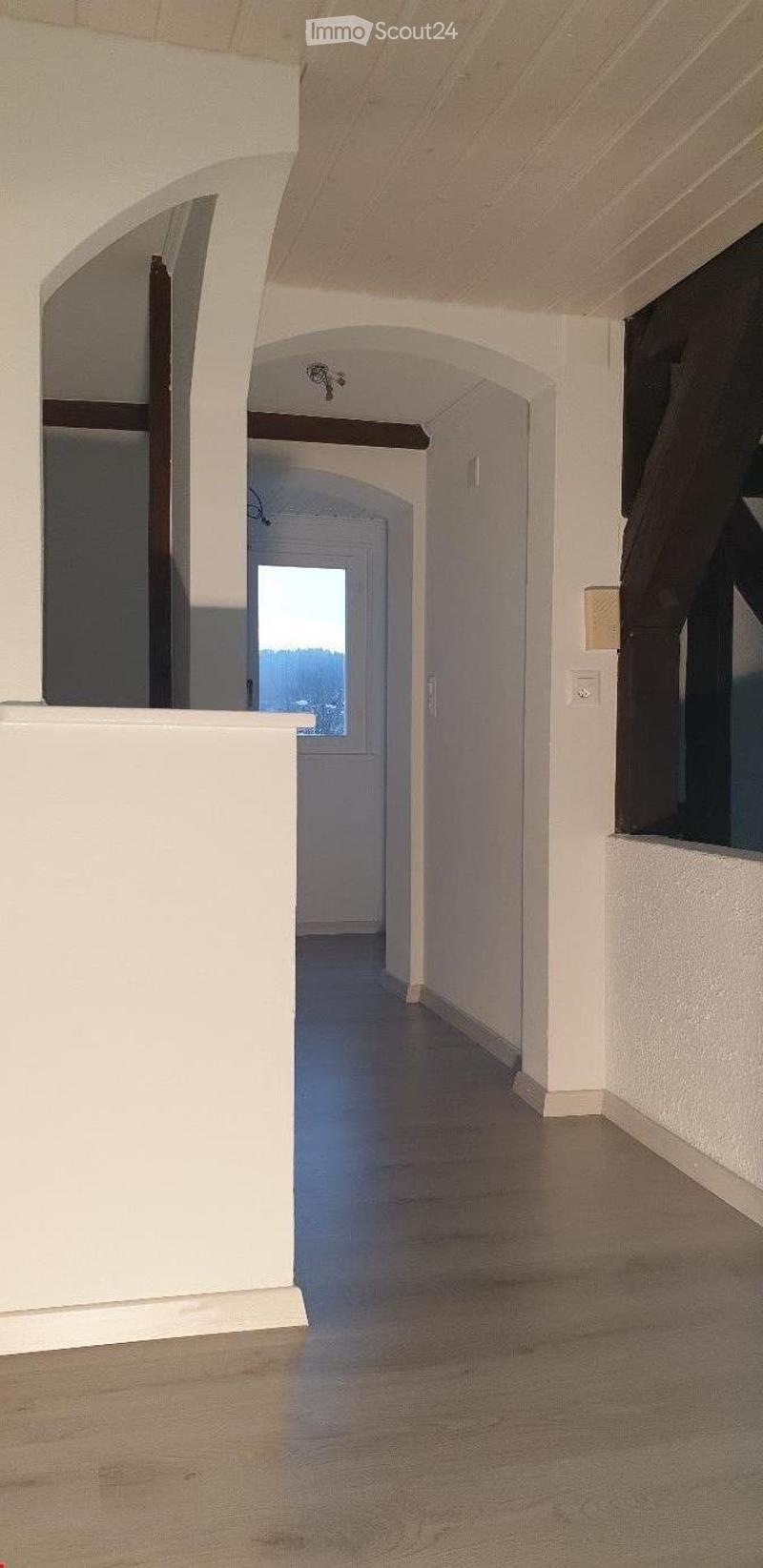 Empty hallway with white walls, wooden floor, and arched doorways leading to other rooms.