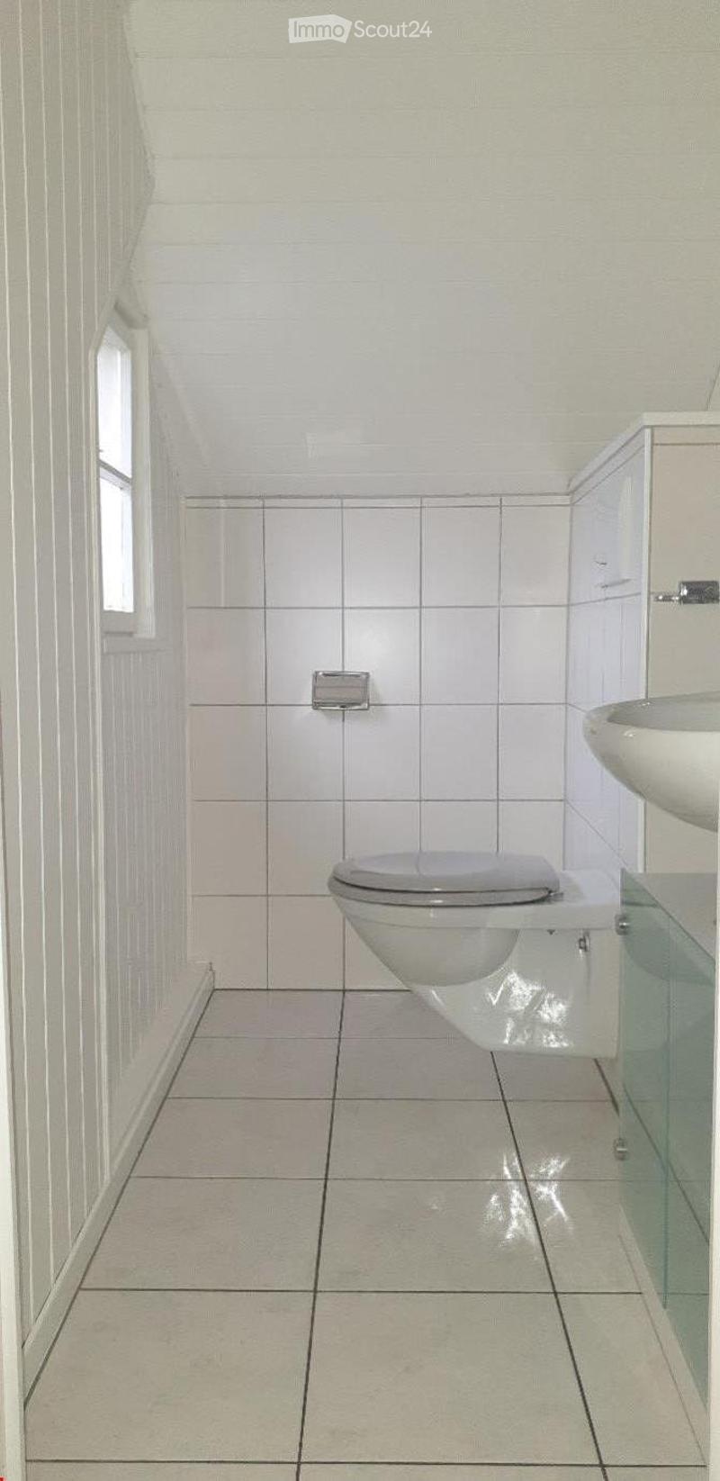 Modern bathroom with white tiled walls and floor, featuring a toilet and a sink with a glass cabinet.