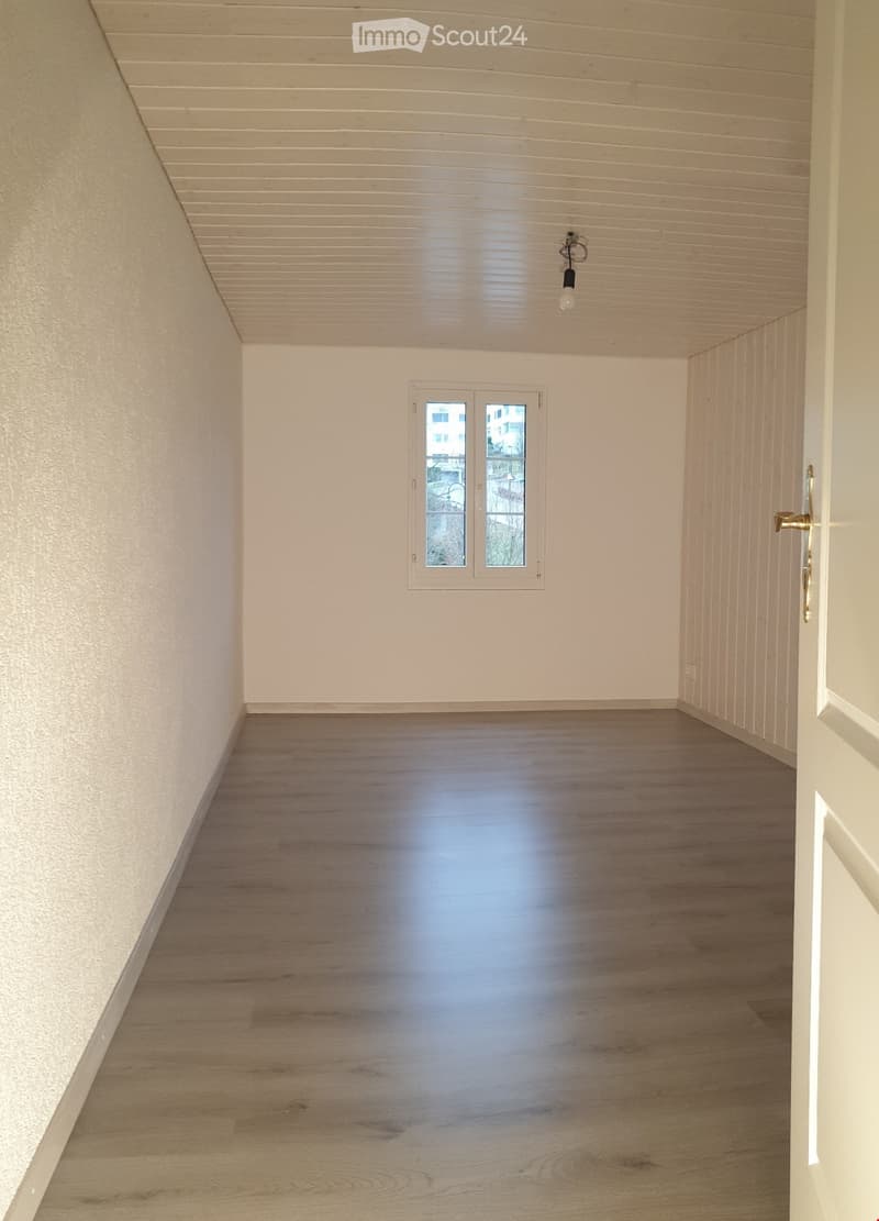 Empty room with wooden flooring, white walls, and a small window with a view of the outside. The ceiling has a slanted design with a single light fixture.