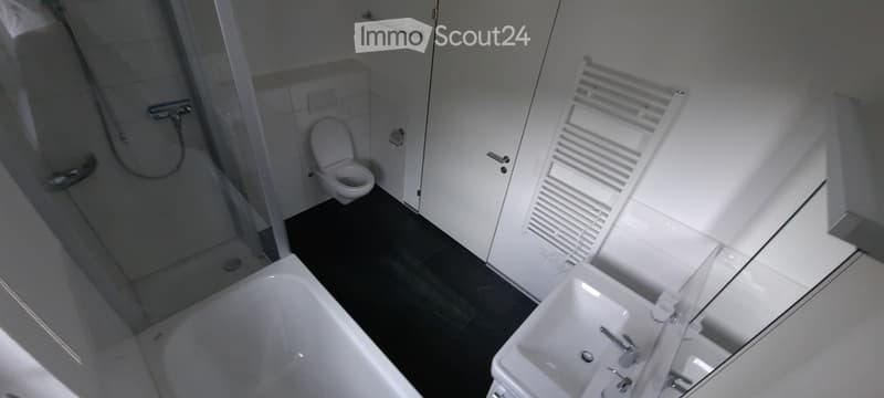Modern bathroom with white tiles, black floor, bathtub, sink, toilet, shower, and radiator.