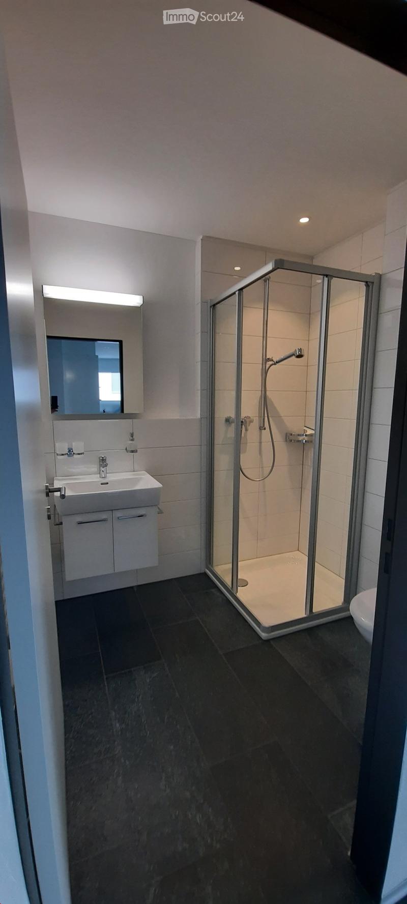 Modern bathroom with a white sink, mirror, and a glass-enclosed shower. Dark tiled floor and white tiled walls.