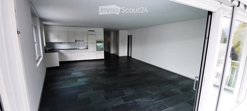 Open-plan space with a modern kitchen area featuring white cabinets and stainless steel appliances, connected to a living area with dark tiled flooring and large windows.