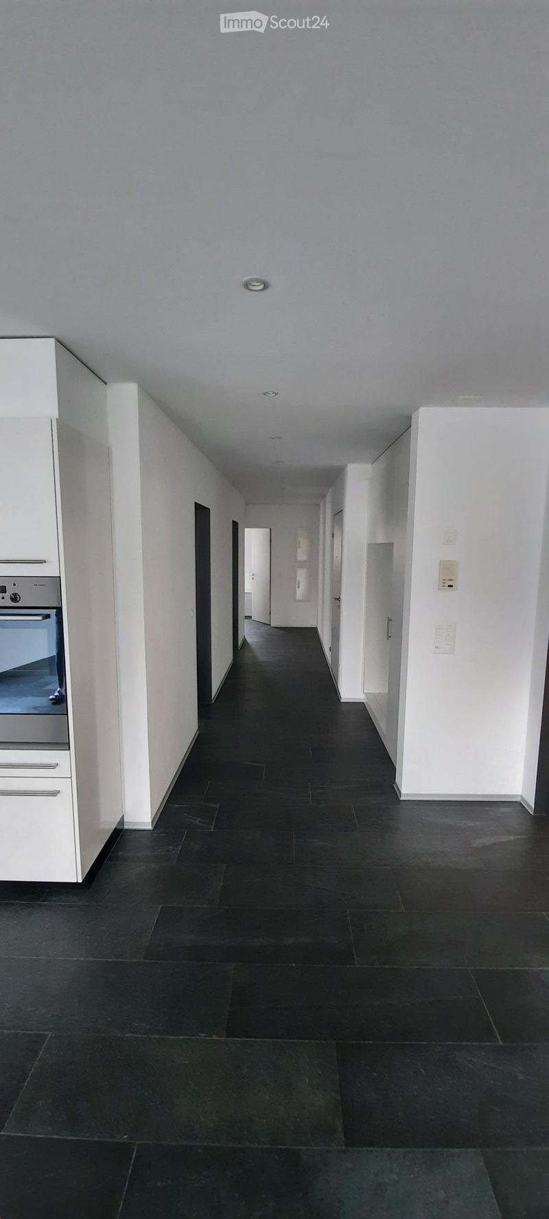 A long, narrow hallway with dark tiled flooring and white walls, featuring several doors and a built-in cabinet on the left side.