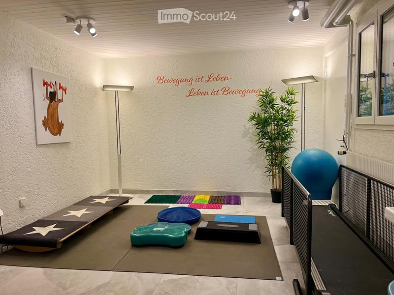 Well-lit room with exercise mats, foam roller, fitness ball, potted plant, floor lamp, and artwork on the wall.