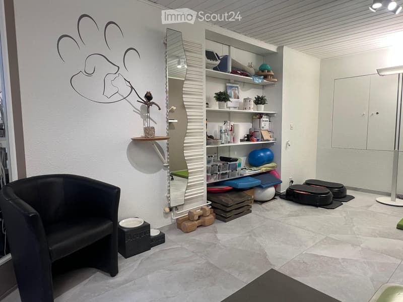 Modern, well-lit room with a black leather sofa, a large mirror, shelves with various items, and fitness equipment including a stability ball and a step platform.