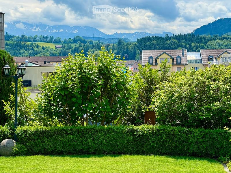 A well-maintained garden with lush green bushes, a stone sphere, and a street lamp, with a scenic mountain backdrop and neighboring houses visible.