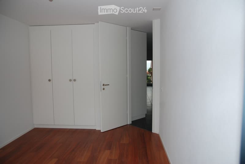 Empty hallway with wooden flooring, white walls, and built-in white closet units on one side.