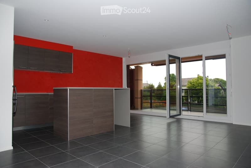Modern kitchen with dark wooden cabinets, black tiled floor, and a red accent wall. Large sliding glass doors open to a balcony.
