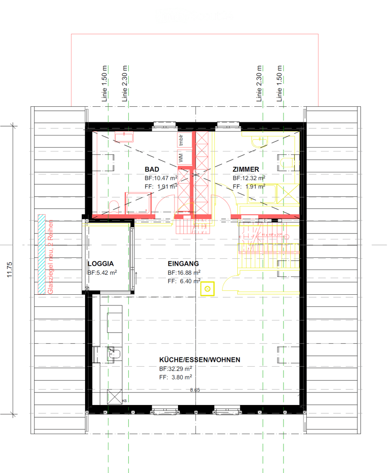 Floor plan showing a kitchen/dining/living area, entrance, bathroom, bedroom, and loggia with dimensions and labels.