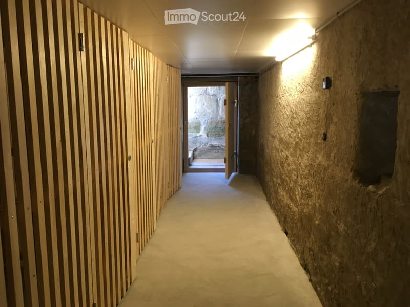 A narrow hallway with wooden paneling on one side and a rough stone wall on the other, featuring recessed lighting and an open doorway leading outside.
