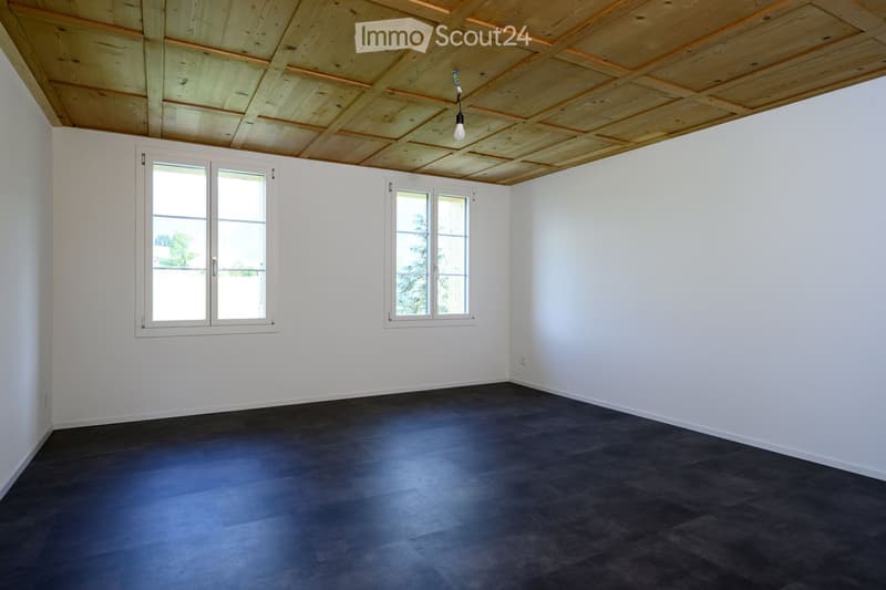 Empty room with white walls, dark grey wooden flooring, and a wooden ceiling. Two windows with white frames are present, and a single light fixture hangs from the ceiling.