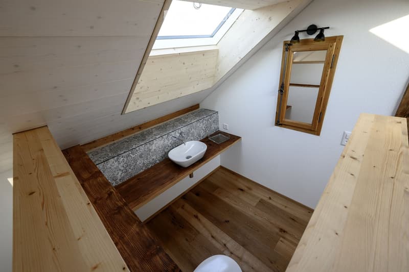 Modern bathroom with wooden walls and floor, skylight window, sink with wooden countertop, and a mirror with wooden frame.