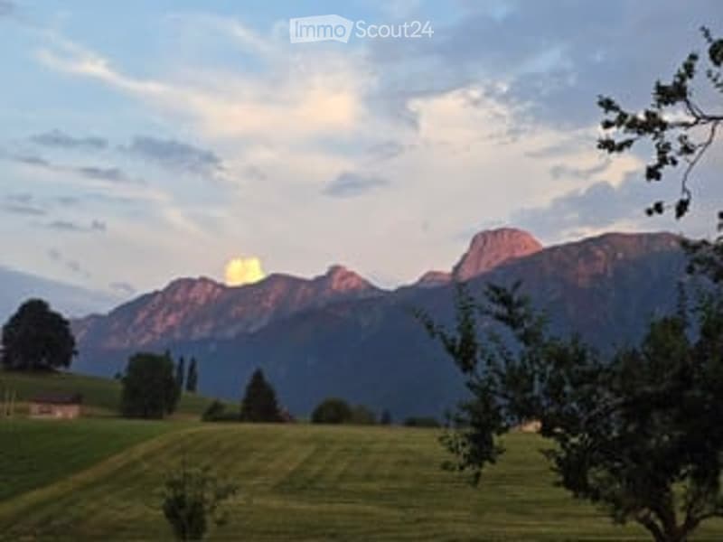 A serene outdoor view of a grassy field with trees, a small house, and distant mountains under a partly cloudy sky.