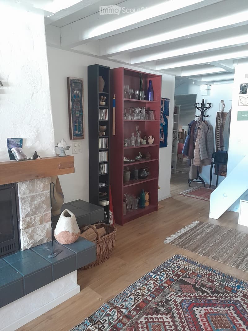 Living room with a stone fireplace, wooden floor, colorful rugs, shelves with books and decorative items, and a coat rack with jackets.