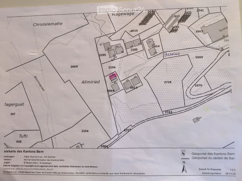 Floor plan showing property boundaries, roads, and labeled plots with numbers and names such as Wagewage, Christelematte, Allmired, Lagerget, and Tufti.