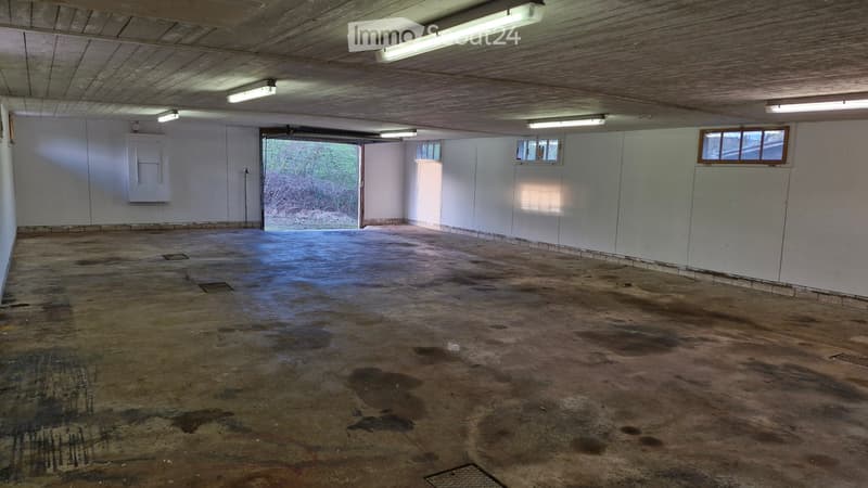 Empty garage with concrete floor, white walls, fluorescent lighting, and a large open doorway leading outside.