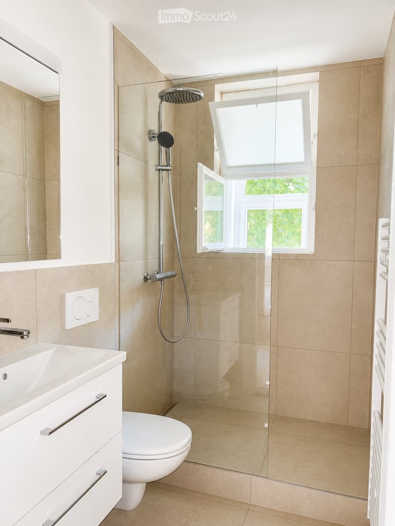 Modern bathroom with beige tiles, a glass-enclosed shower, a toilet, a sink, and a mirror. The shower features a handheld sprayer and a fixed overhead showerhead.