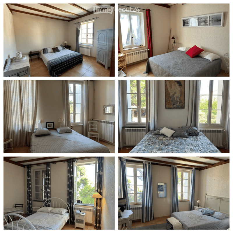 A series of well-furnished bedrooms with beds, nightstands, lamps, chairs, and curtains. Each room features a unique decor, including wooden beams, large windows, and various bedding styles.