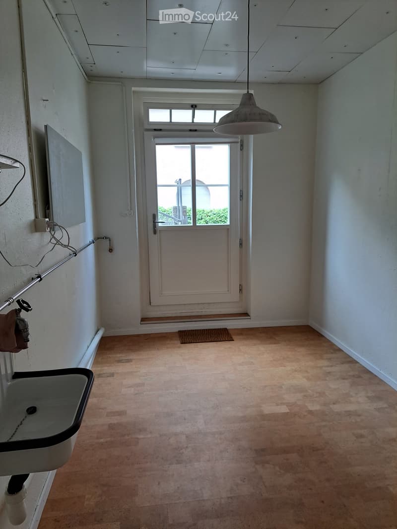 Empty room with light-colored wooden flooring, white walls, a sink on the left, a door with glass panels leading outside, and a hanging light fixture.