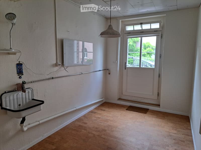 Empty room with wooden flooring, white walls, a sink, a mirror, and a door leading outside.