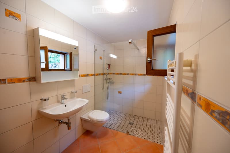 Modern bathroom with a sink, toilet, mirror, shower, and radiator. Features tiled walls and a window with wooden frame.