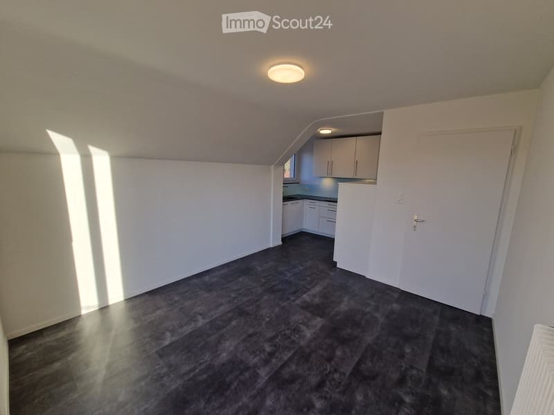 Empty room with wooden flooring, white walls, and a small kitchen area visible in the background. The room has a slanted ceiling and is illuminated by recessed lighting.