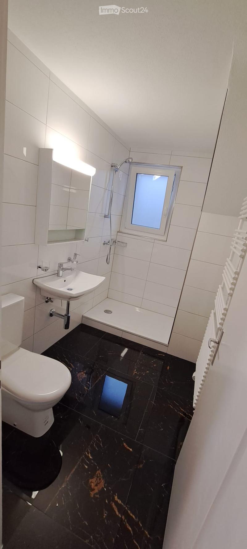 Modern bathroom with black marble flooring, white tiled walls, a toilet, sink, shower, radiator, and a mirrored cabinet.