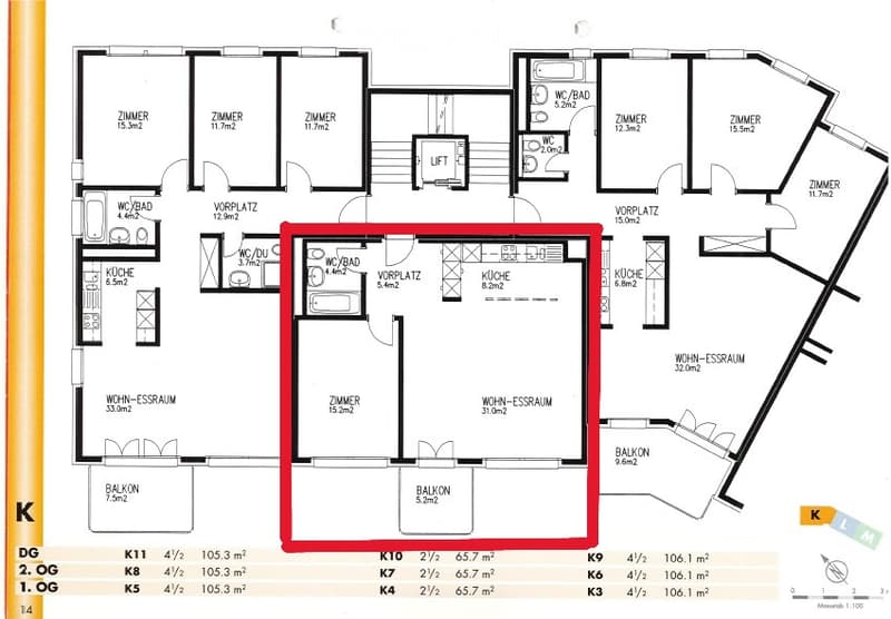 Floor plan of a multi-level residential building showing multiple rooms, including bedrooms, bathrooms, kitchens, living-dining areas, and balconies.