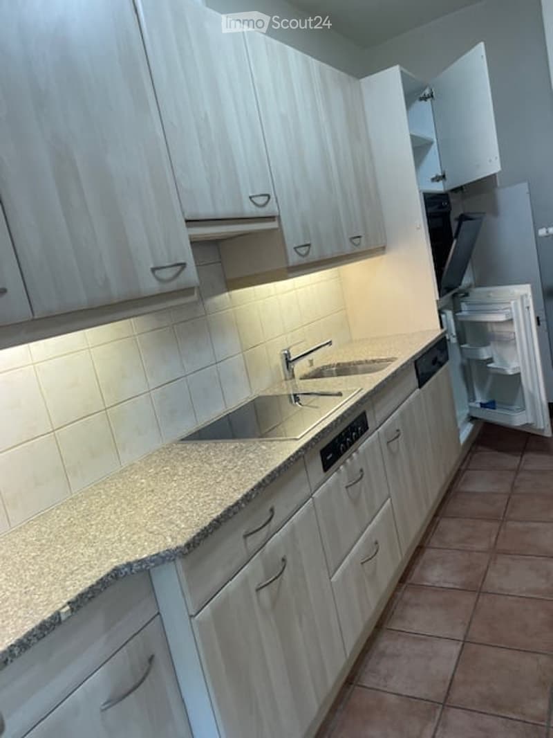Modern kitchen with light wood cabinets, granite countertop, stainless steel sink, dishwasher, and open refrigerator.