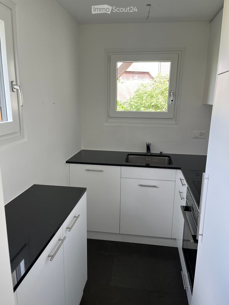 Modern kitchen with white cabinets, black countertops, and a stainless steel sink.