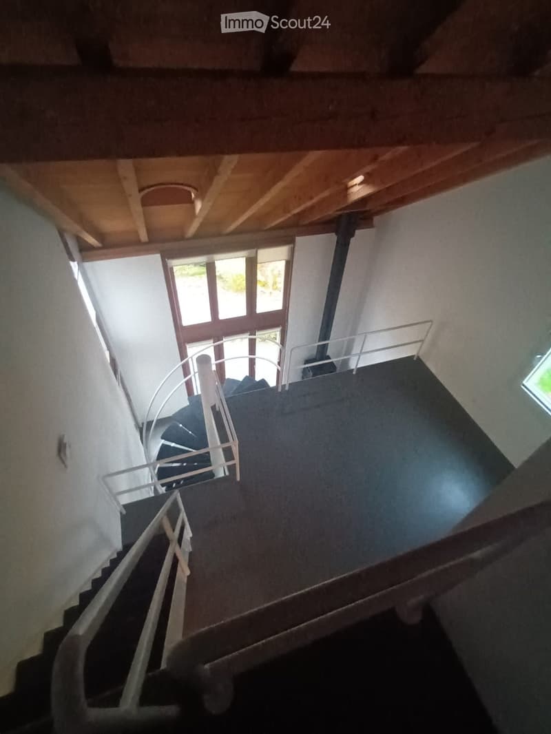 Wooden ceiling, metal railings, black steps, spiral staircase, wooden window frame