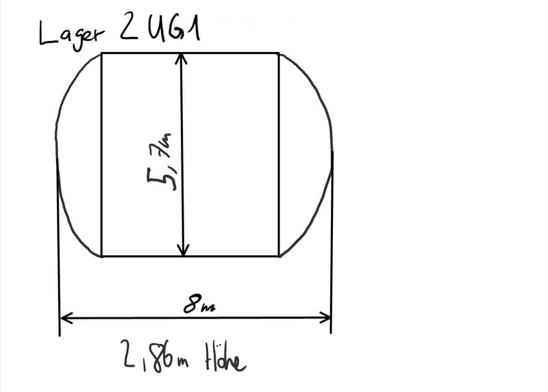 Floor plan of a rectangular room with rounded corners, labeled 'Lager 2 UG1', dimensions 8m width, 7.5m height, and 1.8m depth.